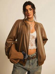 Freevana 秋季大码休闲拉链插肩袖 PU 皮革飞行夹克