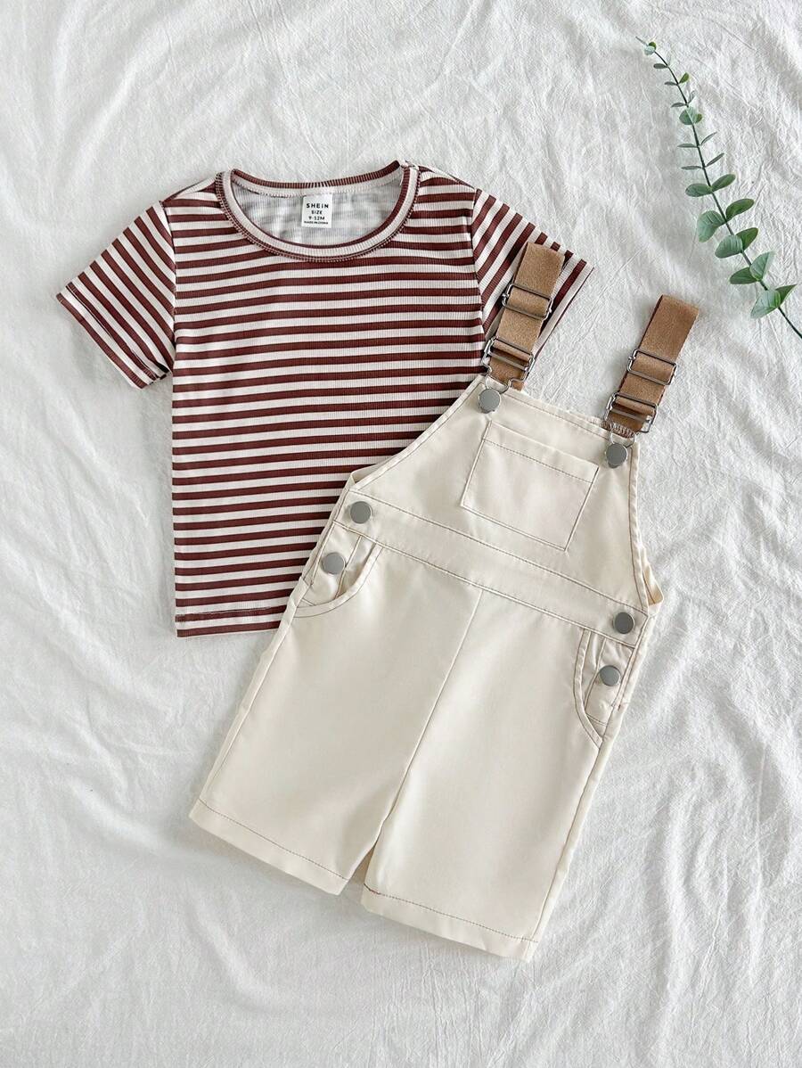 SHEIN Vintaside Kids Baby Boy Summer Round-Neck Short-Sleeved T-Shirt & Overalls - Multicolor - View 1