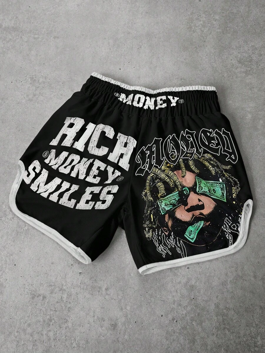 PAVTROS Manfinity Streetrush Men's Money Wealth Portrait Letter Print White Fashion Shorts - Multicolor - View 1