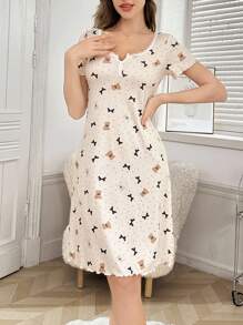 Lace Patchwork Square Collar, 2 Button, Bear & Bow Print Ribbed Short Sleeve Nightgown Babydoll Bowknot