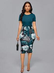 SHEIN LUNE 女士优雅撞色印花中长连衣裙，适合办公室/通勤穿着 - 水鴨藍 - 查看 3