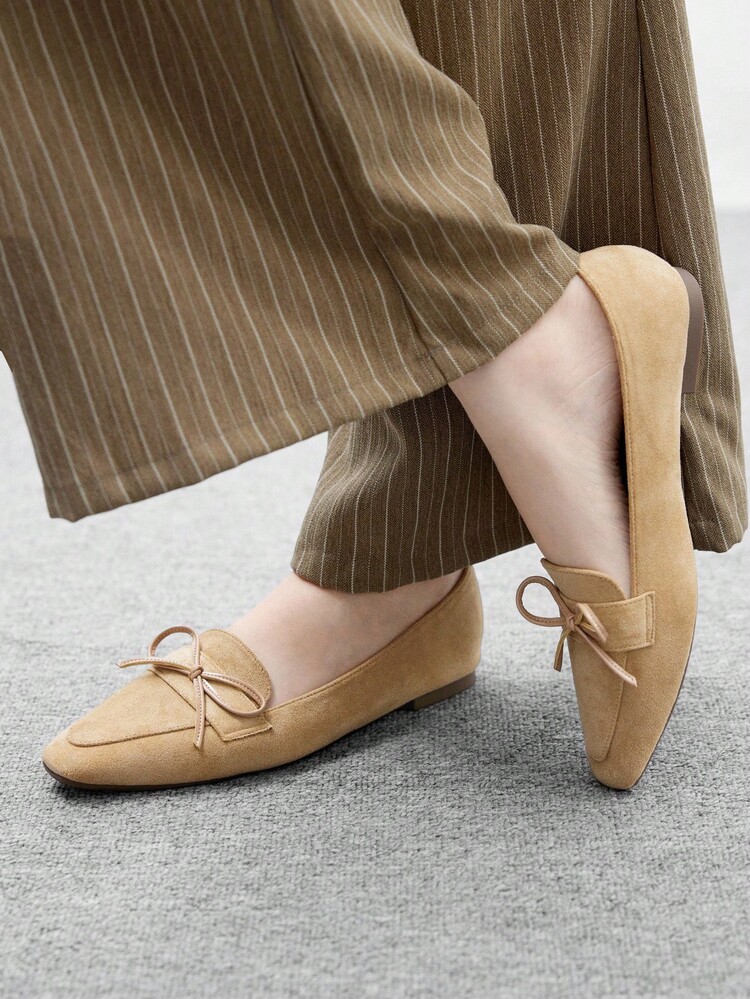 CUCCOO BIZCHIC 女士方头绒面革蝴蝶结舒适软底玛丽珍芭蕾平底鞋，杏色日常室内外一脚蹬乐福鞋 - 杏色 - 查看 6