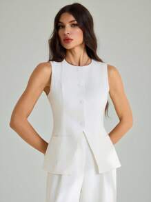 SHEIN Tall Bộ 2 áo không tay và quần vải lanh pha trộn dành cho nữ, màu trơn cho mùa thu/đông - trắng - Xem 7