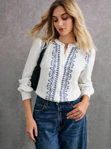 Poéselle Blusa elegante con estampado floral de manga abullonada y abotonadura sencilla, blusa de manga larga con estampado vintage boho en color blanco, blusa de estilo boho para mujer, blusa de manga larga, blusa de otoño para mujer tops occidentales, blusas y camisas de mujer, blusa abotonada estilo boho