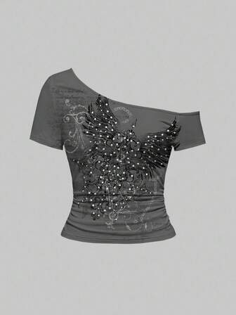 Grunge Punk Camiseta de mujer con estampado vintage desgastado y asimétrico, en color gris, con diseño de alas y lunares tipo punk