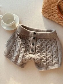 Comfortcana Low Waist Women's Knitted Shorts With Cable Pattern & Button Design - Grey - View 3