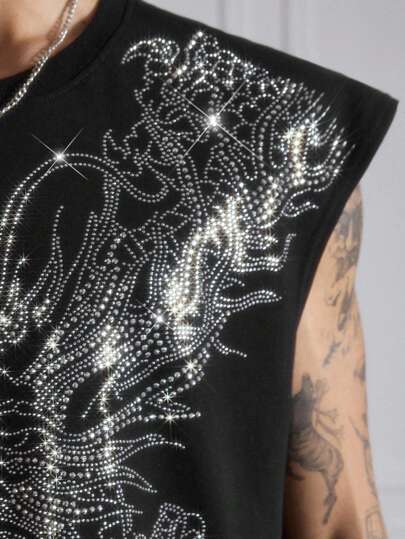 Street Life Men's Rhinestone Chinese Dragon Pattern Loose Fit Round Neck Tank Top