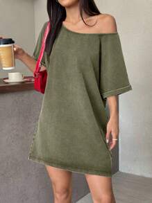 SHEIN EZwear Summer Vintage Washed Cowgirl Music Festival Loose Asymmetrical-Shoulder T-Shirt Dress - Army Green - View 2