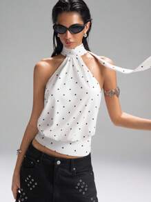 LYSMO Summer Women's Polka Dot High Collar Zipper Knitted Halter Top, Sleeveless, Minimalist, Casual And Versatile, Daily Commuting - White - View 6