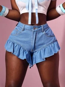 Slaydiva Quần short denim thời trang mùa hè viền bèo nhún màu trơn cho nữ - Rửa nhẹ - Xem 7