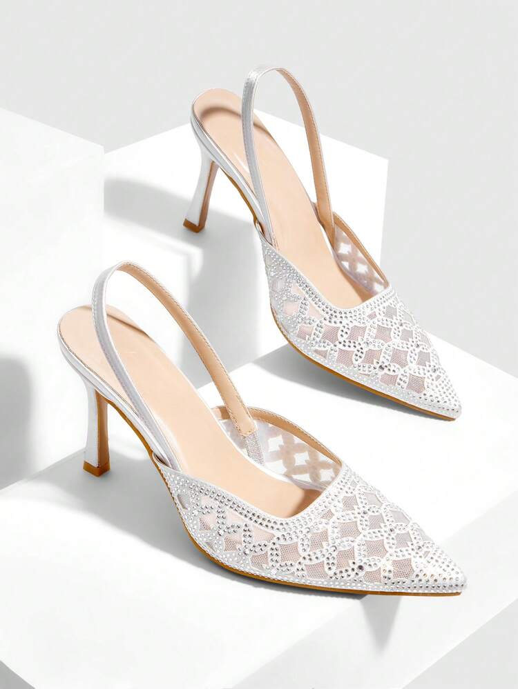 CUCCOO SZL Women's Fashion Pointed Toe Rhinestone Gold Mesh Fabric Evening Party Stilettos Backless Slip-On High Heels