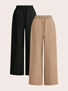 SHEIN PETITE CURVE 两件套加大码高腰裤套装，黑色+卡其色，两件套阔腿裤，高腰褶皱阔腿裤，黑色长裤，宽松版型，长裤，商务休闲女装，适合身材娇小的女性，春季女装，毕业典礼，优雅休闲，女士正装，黑色长裤，高腰，宽松裤 - 彩色 - 查看 2