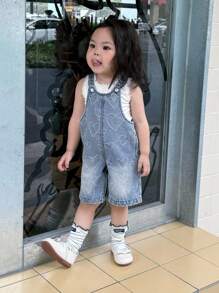 Dazy Kids 女童韩版可爱水洗牛仔背带裤 - 藍色 - 查看 4