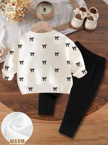 SHEIN Bộ 2 quần legging đen in họa tiết chấm bi mini dễ thương cho bé gái, cổ tròn dày mềm mại, dài tay, thích hợp cho mùa thu/đông - Nhiều màu - Xem 2
