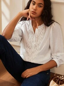 Écloséra Blusa de mujer con mangas medianas de encaje y crochet a rayas, cuello redondo suelto, elegante y casual, para el verano - Azul - Ver 3