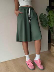 SHEIN EZwear Olive Green Casual Drawstring Waist Plus Size Women Shorts,Back To School - Olive Green - View 4