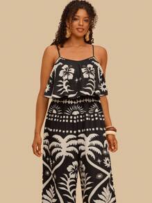 Travachic Plus Size Tropical Print Sleeveless Jumpsuit, Casual Resort Wear - Black and White - View 4