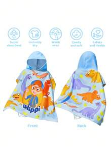 Blippi X SHEIN 超柔软卡通恐龙图案蓝色儿童连帽浴巾，超强吸水，速干，不掉毛，保暖隔热，适合2-6岁儿童，用途广泛，可用于沐浴、游泳、沙滩、夏季、春季、海滩度假等。 - 彩色 - 查看 2