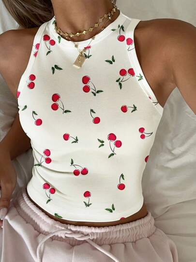 SHEIN EZwear Top sin mangas de ajuste ceñido con cuello de tripulación y estampado de cereza en estilo minimalista casual, adecuado para el verano