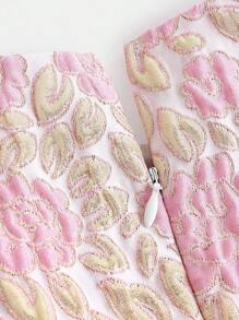 Tween Girl Floral Jacquard Ruffle Trim Dress, Party Wear - Pink - View 4