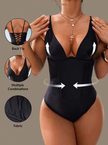 Shapewave 1 pieza Traje de baño de una pieza elegante y negro con control de abdomen y efecto push-up para mujer, casual y adecuado para playa, fiesta, vacaciones en primavera/verano - Negro - Ver 4