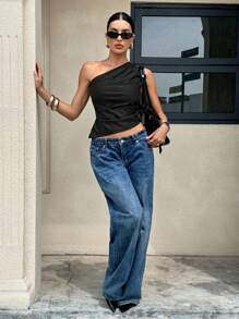 SHEIN X Belinda Siren Gaze Top con un solo hombro plisado de PU color burdeos, top adelgazante con cintura fruncida para mujeres