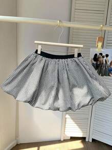 INAWLY 女式休闲格子荷叶边下摆A字迷你裙，夏季 - 黑與白 - 查看 1