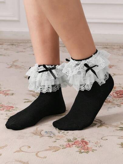 Kawaii 1 Pair Cute 3-Layer Lace Trim Mid-Calf Socks & 1 Pair Solid Color Bow Decor Short Socks, Versatile JK School Style For Women