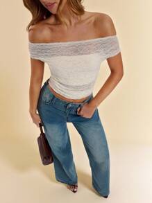 SHEIN BAE 春秋夏季白色纹理透明蕾丝露肩不对称上衣T恤适合日常休闲、外出、闺蜜聚会、下午茶、通勤休闲、海滩度假等多种场合 - 杏色 - 查看 7