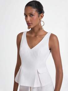 Daynim 女式夏季褶皱无袖V领牛仔衬衫 - 白色 - 查看 1