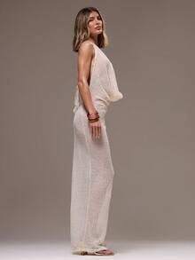MUSERA Beige Summer 70s Party Vacation Holiday Extreme Cowl Sequin Knit Sheer Fitted Maxi Dress Boho Ibiza Festival Elegant Bridal Wedding Long Dress - Apricot - View 4