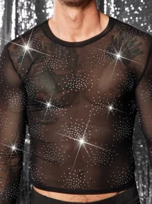 FeverCity Camiseta de manga larga con cuello redondo y detalles de diamantes de imitación en malla para hombres