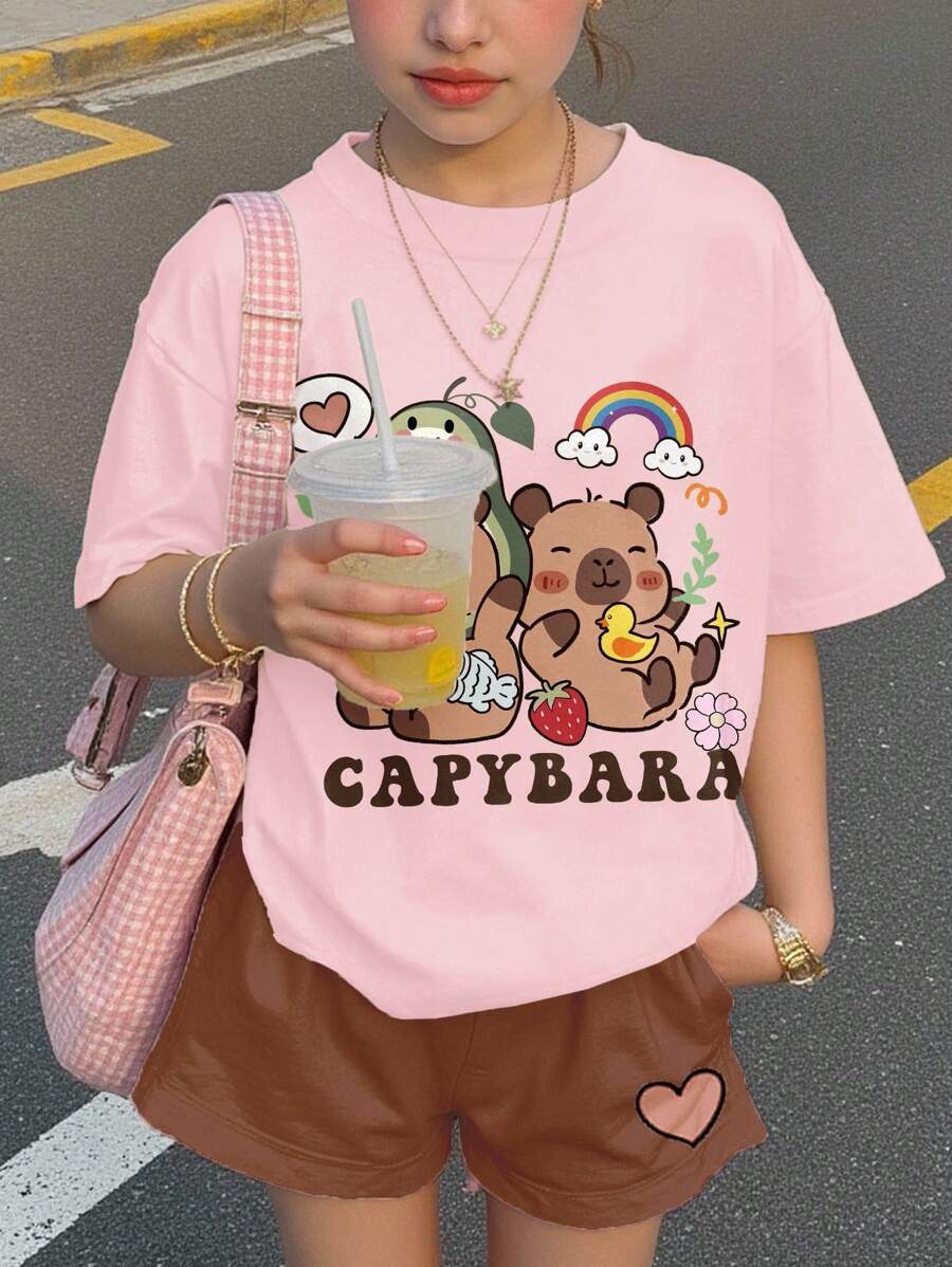 SHEIN Tween 女童休闲简约短袖短裤两件套，适合夏季 - 彩色 - 查看 1