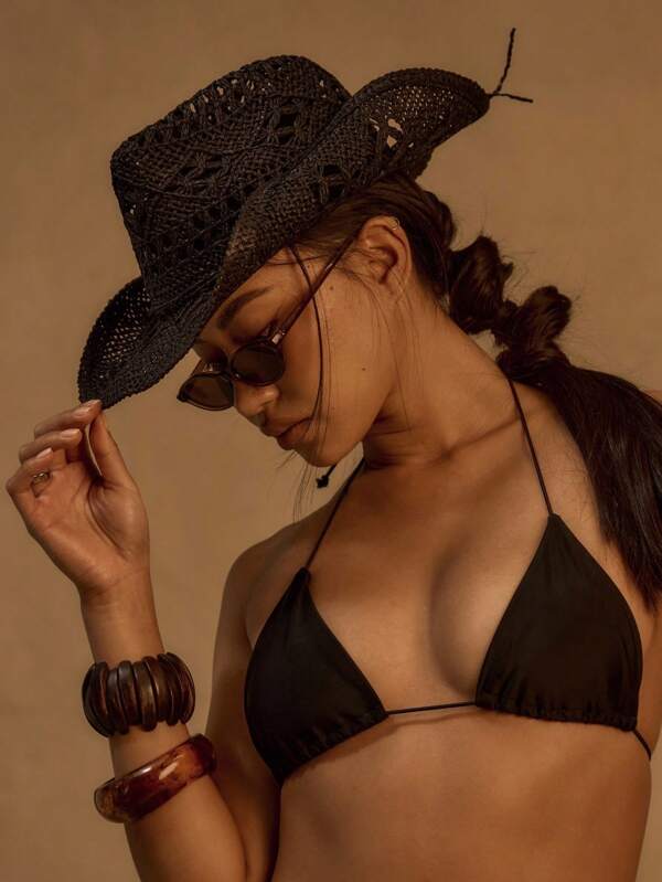 MUSERA Stro cowboyhoed met gekrulde rand, strostrik, strandhoed, bescherming tegen de zon, ademend, western festival