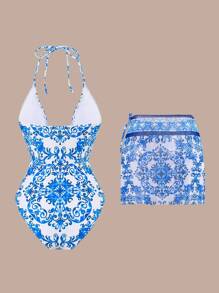 Swim Oasis Women's 2-Piece Set,Blue And White Digital Print One Piece Swimsuit & Netted Skirt, Halter V-Neck Beaded Drawstring Open Back Boho Summer Holiday - Blue and White - View 4