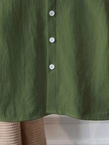 Young Boy Cotton Linen Short Sleeve Military Green All-Match Versatile Shirt, Suitable For Daily Wear - Army Green - View 5