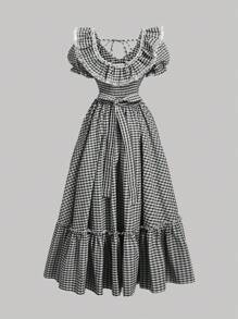 SHEIN X Hannahelzahed SHEIN MOD 格纹泡泡袖荷叶边下摆连衣裙