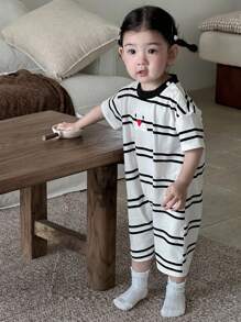 Dazy Kids Baby Girl Cartoon & Stripe Print Round Neck One-Piece Jumpsuit, Casual - White - View 5