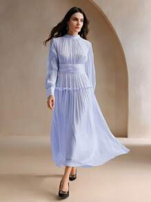 Anewsta 优雅纯色泡泡袖褶饰腰连衣裙 - 紫羅蘭色 - 查看 7