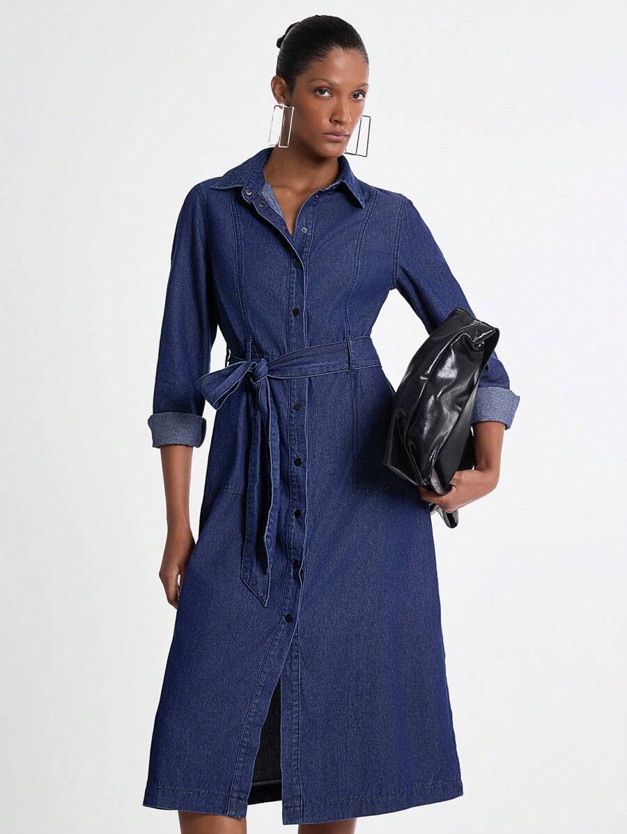 Women's Casual Waist Cinched Mid-Length Denim Dress