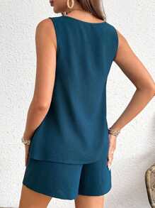 SHEIN Bộ đồ bầu 2 món áo hai dây và quần short đơn giản, thoải mái, màu trơn - Màu xanh lam - Xem 2
