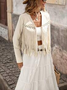 Brillora Women's Solid Color Fringe Trim Open Front Jacket In Fall/Winter