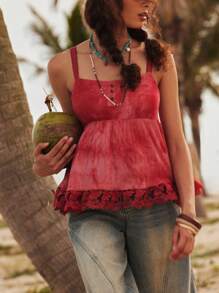 Bohemela Top canottiera da donna stile boho vacanza al mare, con spalline sottili, in tessuto intrecciato tie-dye, schiena scoperta