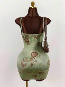 Amplova Đầm ôm sát cơ thể lưới in họa tiết hoa cổ điển chắp vá ren - màu xanh lá - Xem 7