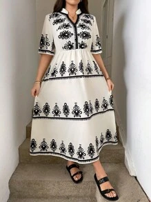 SHEIN LUNE 大码返校装 女士秋季服装 复古印花休闲度假返校节飘逸连衣裙 商务休闲女装曲线款女士秋季服装 复古风格女装 复古风格女装婚礼宾客礼服 女士夜间外出礼服 女士返校节礼服 女士秋季服装 优雅派对礼服 女士派对礼服 节日礼服，适合春秋季、度假和约会 - 杏色 - 查看 3