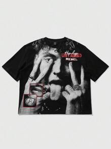 ROMWE MEN Street Life Men's Mesh Print Technique Hip Hop Character Printed Short Sleeve T-Shirt - Black - View 3