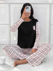 SHEIN Cottnline 2件套棉质格子衬衫和格子图案休闲裤家居服套装 - 黑色 - 查看 5