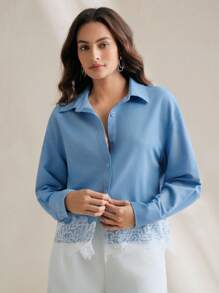 Anewsta Women's New Blue Lace Patchwork Long Sleeve Elegant Blouse, Suitable For Work