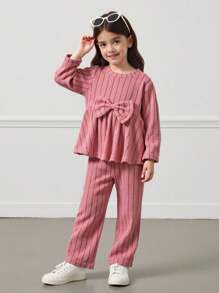 Genkimix Kids 2pcs Girls Toddler Kids Knitted Big Ribbed Long Sleeve Crop Top And Long Pants Set, Casual Daily Outfit For Autumn Fall Winter