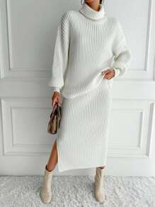 Gola Alta Ombro Caído Suéter & Saia de Malha